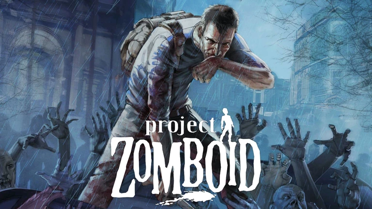 Game banner of a crazed person wielding a weapon with a horde of zombies at his feet