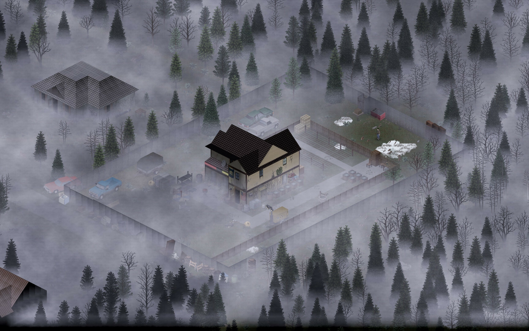 An isometric view of a fortified player house in the middle of a misty forest